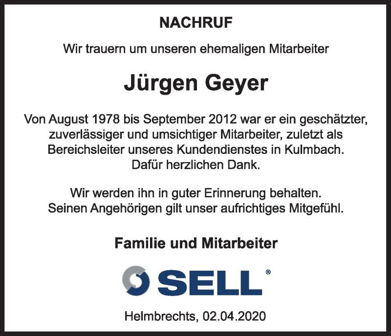  Traueranzeige für Jürgen Geyer vom 02.04.2020 aus MGO