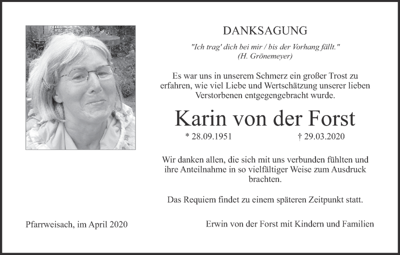  Traueranzeige für Karin von der Forst vom 18.04.2020 aus MGO