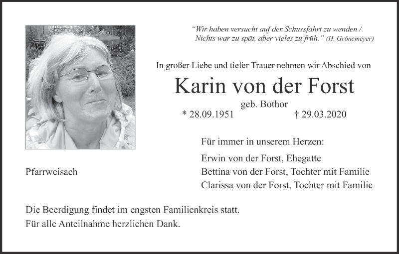  Traueranzeige für Karin von der Forst vom 01.04.2020 aus MGO