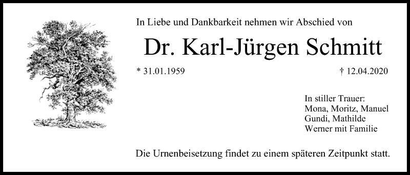  Traueranzeige für Karl-Jürgen Schmitt vom 18.04.2020 aus MGO