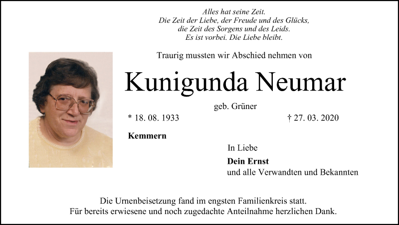  Traueranzeige für Kunigunda Neumar vom 11.04.2020 aus MGO
