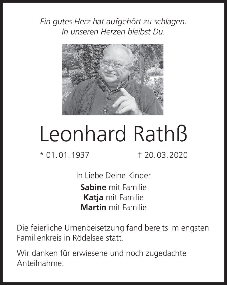  Traueranzeige für Leonhard Rathß vom 04.04.2020 aus MGO