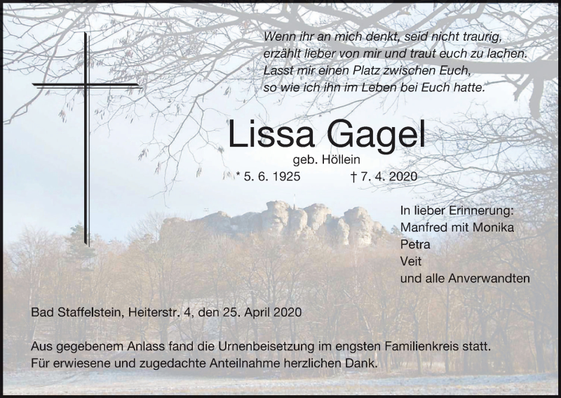  Traueranzeige für Lissa Gagel vom 25.04.2020 aus MGO