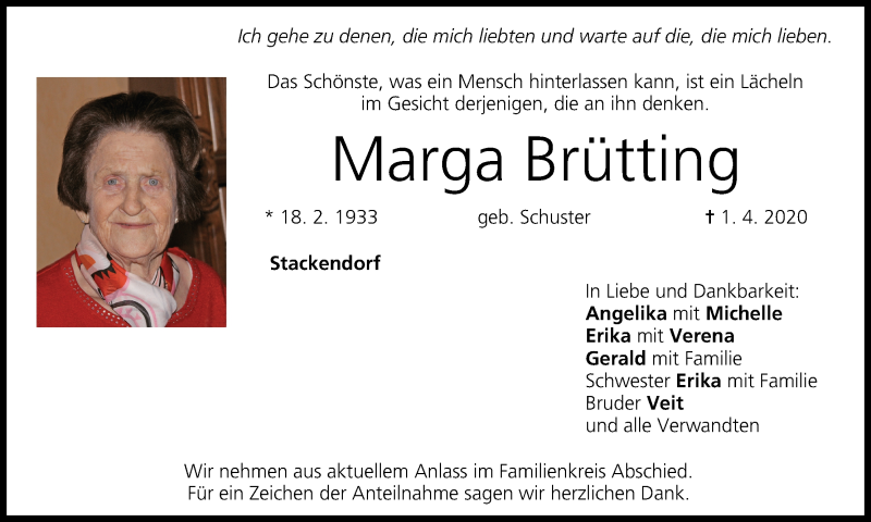  Traueranzeige für Marga Brütting vom 04.04.2020 aus MGO