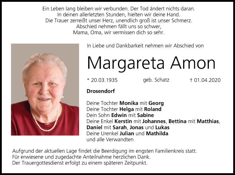  Traueranzeige für Margareta Amon vom 04.04.2020 aus MGO