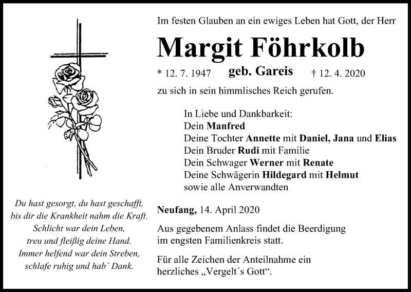  Traueranzeige für Margit Föhrkolb vom 14.04.2020 aus MGO
