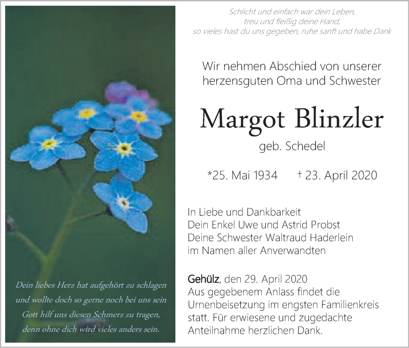 Traueranzeige für Margot Blinzler vom 29.04.2020 aus MGO