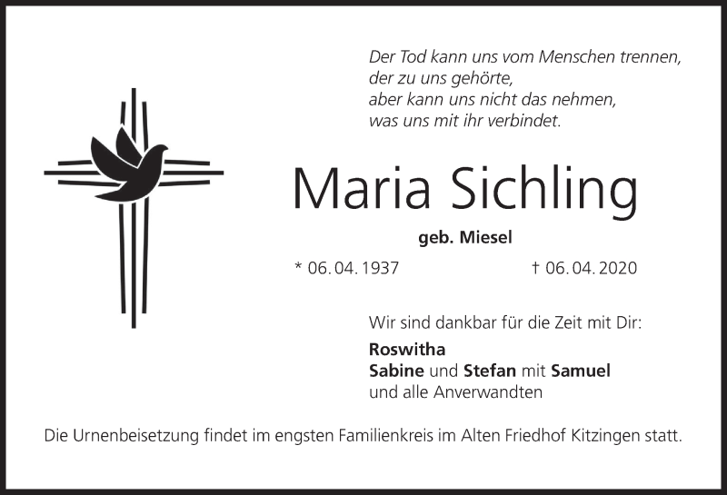  Traueranzeige für Maria Sichling vom 11.04.2020 aus MGO