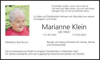Anzeige von Marianne Klein von MGO