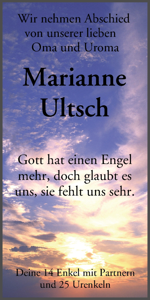  Traueranzeige für Marianne Ultsch vom 11.04.2020 aus MGO