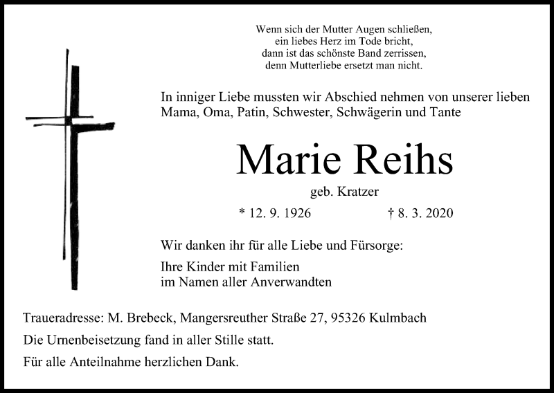  Traueranzeige für Marie Reihs vom 07.04.2020 aus MGO