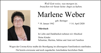 Anzeige von Marlene Weber von MGO