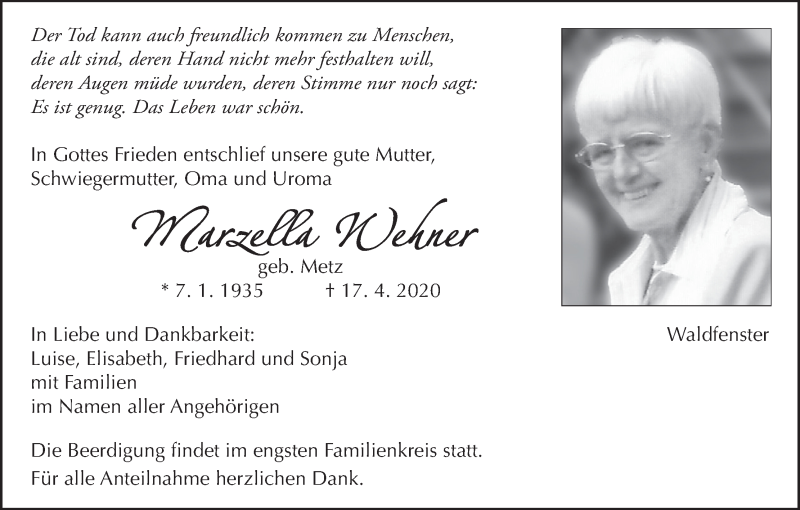 Traueranzeige für Marzella Wehner vom 21.04.2020 aus MGO
