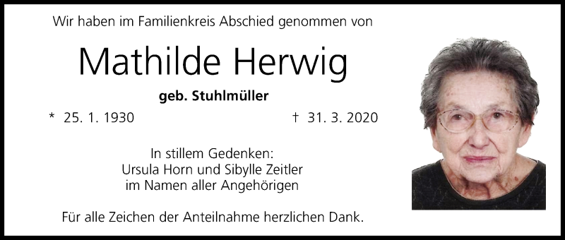  Traueranzeige für Mathilde Herwig vom 08.04.2020 aus MGO