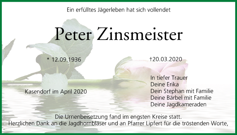  Traueranzeige für Peter Zinsmeister vom 16.04.2020 aus MGO