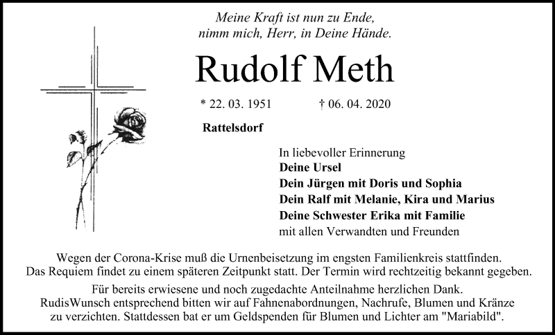  Traueranzeige für Rudolf Meth vom 11.04.2020 aus MGO