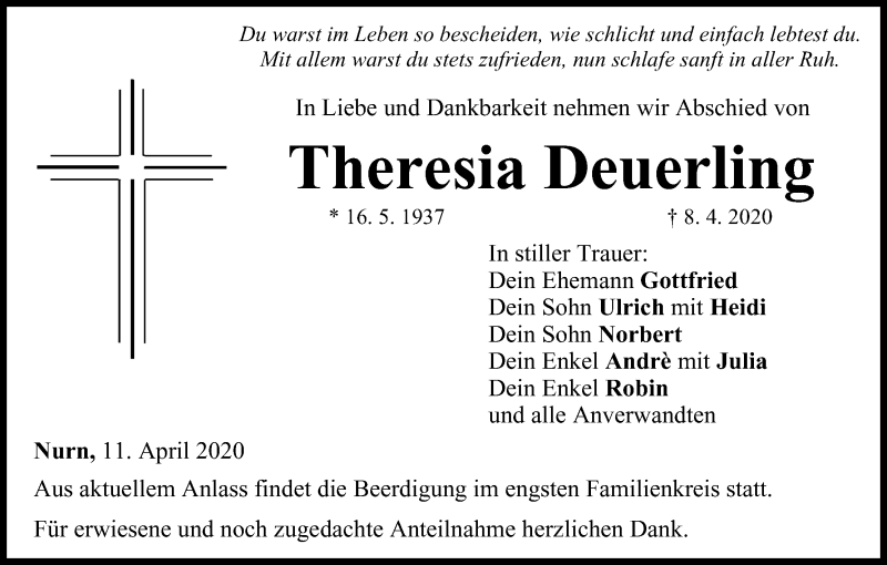  Traueranzeige für Theresia Deuerling vom 11.04.2020 aus MGO