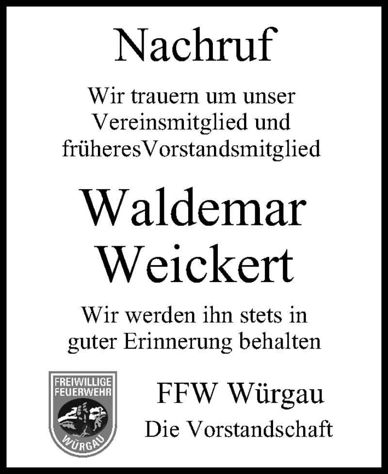  Traueranzeige für Waldemar Weickert vom 25.04.2020 aus MGO