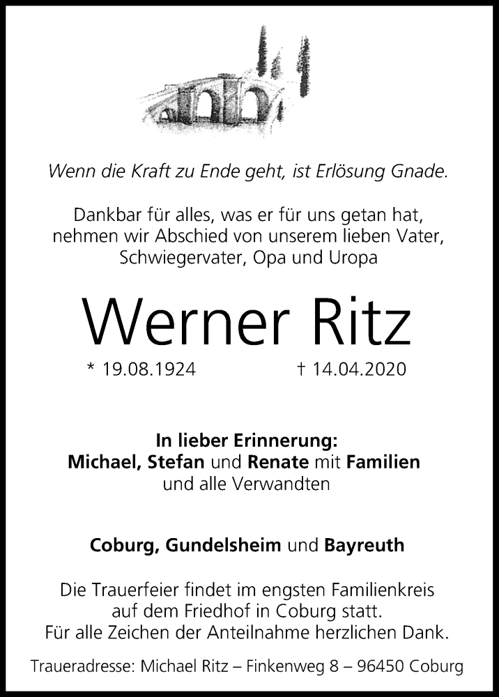  Traueranzeige für Werner Ritz vom 18.04.2020 aus MGO