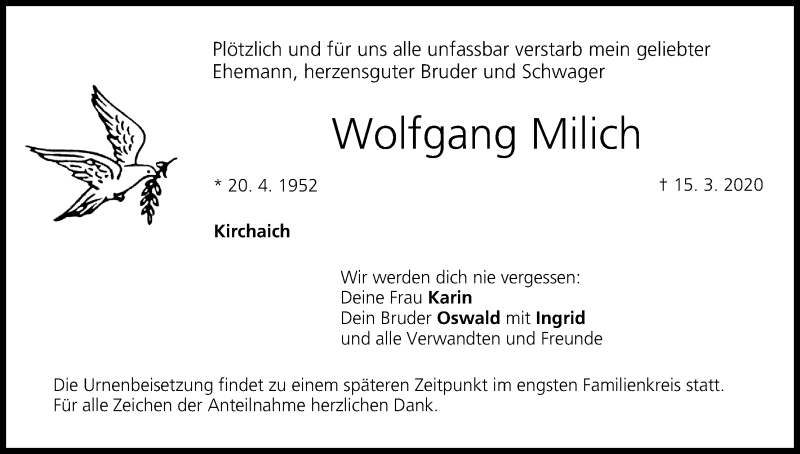  Traueranzeige für Wolfgang Milich vom 01.04.2020 aus MGO