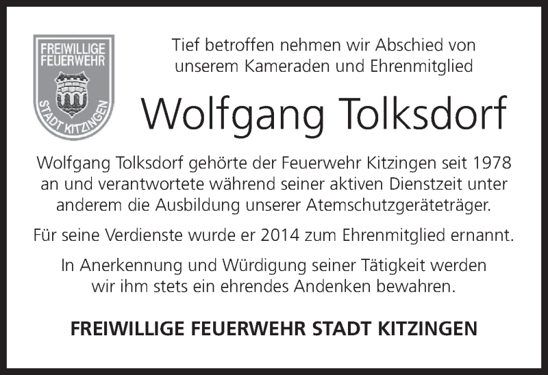  Traueranzeige für Wolfgang Tolksdorf vom 24.04.2020 aus MGO