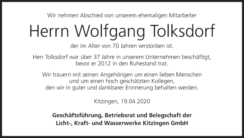  Traueranzeige für Wolfgang Tolksdorf vom 25.04.2020 aus MGO