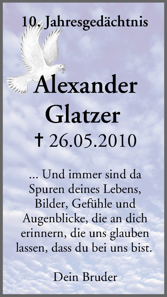  Traueranzeige für Alexander Glatzer vom 26.05.2020 aus MGO