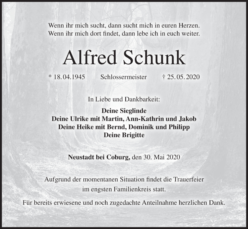  Traueranzeige für Alfred Schunk vom 30.05.2020 aus MGO