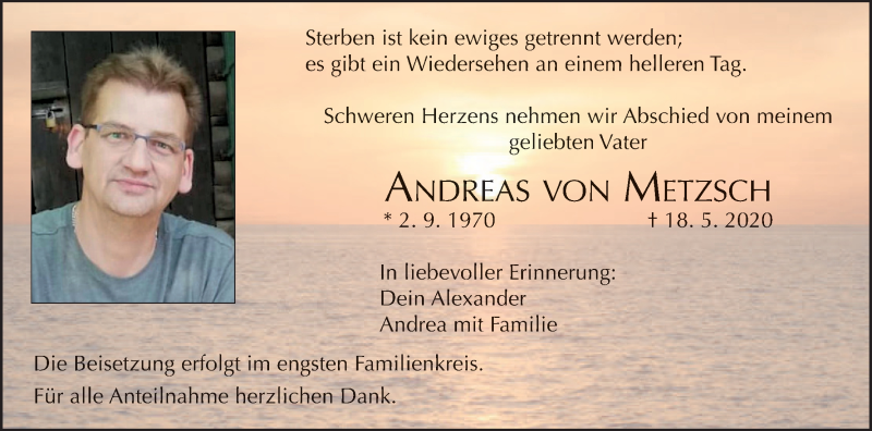  Traueranzeige für Andreas von Metzsch vom 30.05.2020 aus MGO