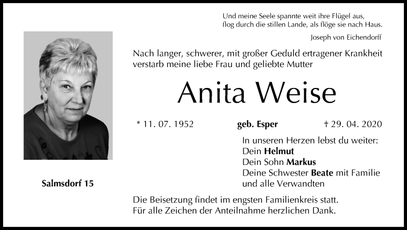  Traueranzeige für Anita Weise vom 01.05.2020 aus MGO