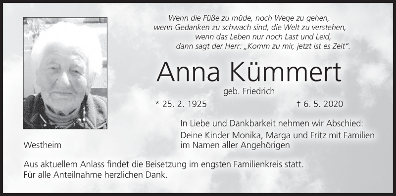  Traueranzeige für Anna Kümmert vom 09.05.2020 aus MGO