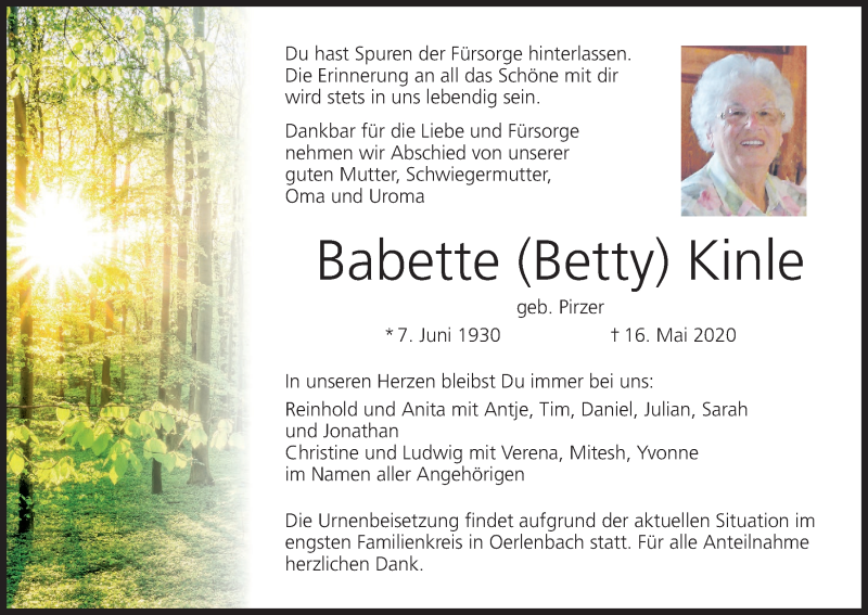  Traueranzeige für Babette Kinle vom 23.05.2020 aus MGO