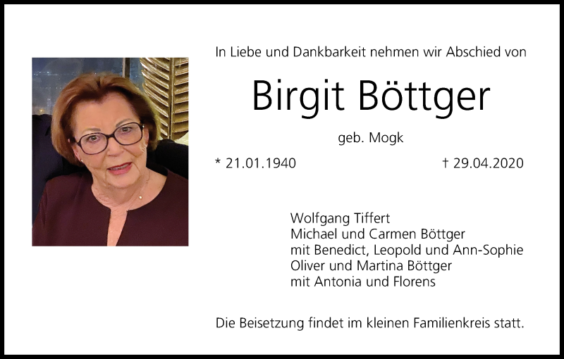  Traueranzeige für Birgit Böttger vom 01.05.2020 aus MGO