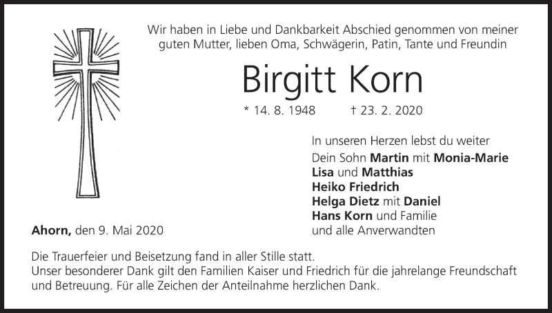 Traueranzeige für Birgitt Korn vom 09.05.2020 aus MGO