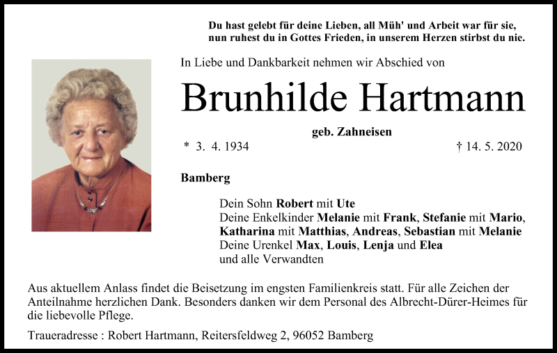  Traueranzeige für Brunhilde Hartmann vom 16.05.2020 aus MGO