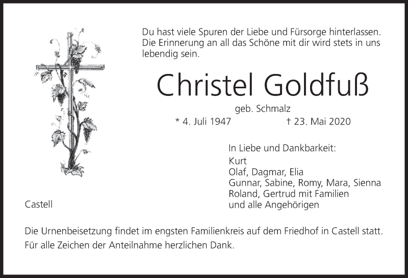  Traueranzeige für Christel Goldfuß vom 30.05.2020 aus MGO