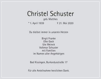 Anzeige von Christel Schuster von MGO