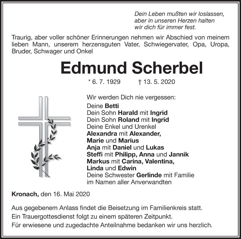  Traueranzeige für Edmund Scherbel vom 16.05.2020 aus MGO