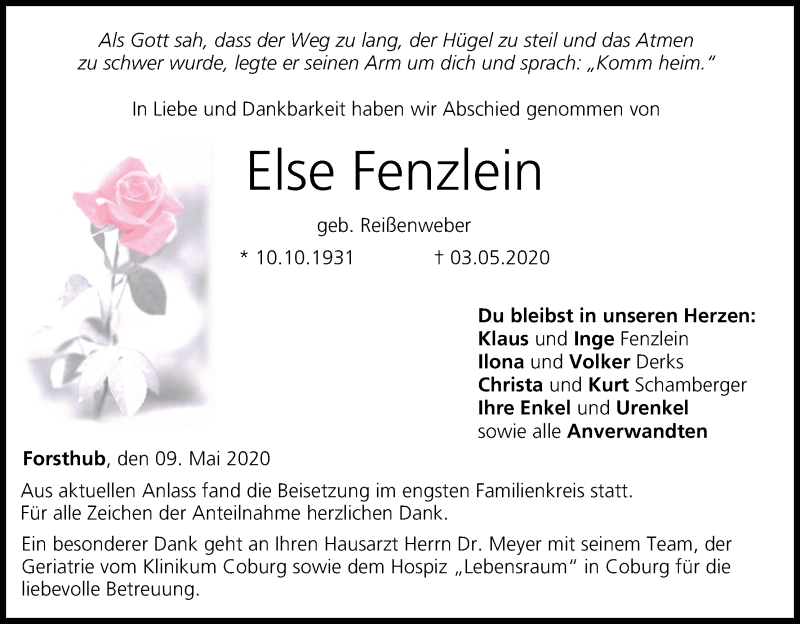  Traueranzeige für Else Fenzlein vom 09.05.2020 aus MGO