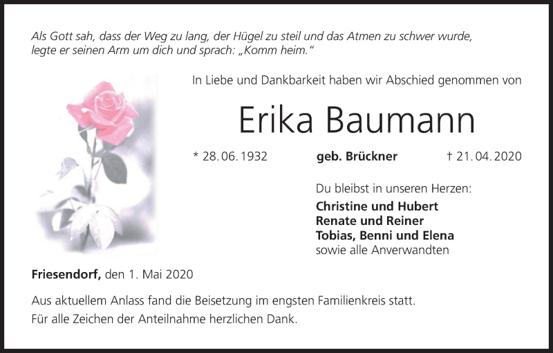  Traueranzeige für Erika Baumann vom 01.05.2020 aus MGO