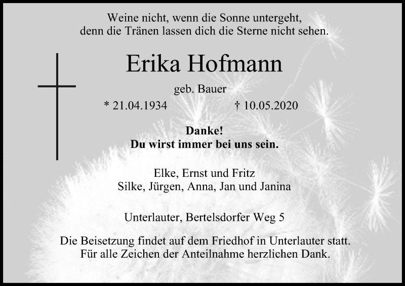  Traueranzeige für Erika Hofmann vom 13.05.2020 aus MGO