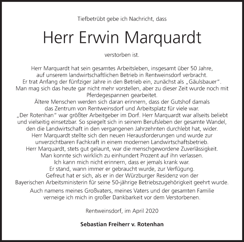  Traueranzeige für Erwin Marquardt vom 09.05.2020 aus MGO