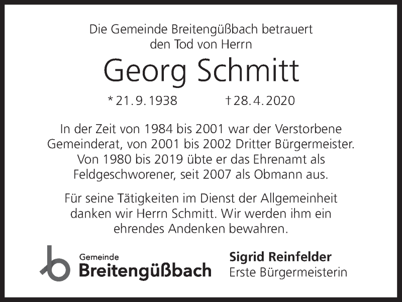  Traueranzeige für Georg Schmitt vom 05.05.2020 aus MGO