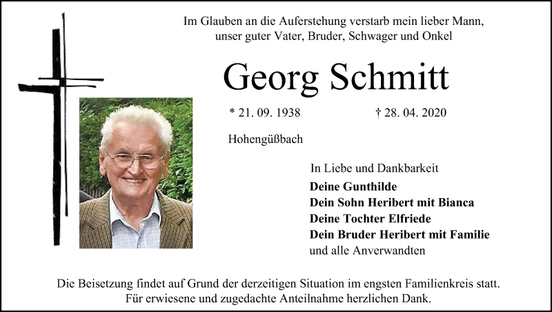  Traueranzeige für Georg Schmitt vom 01.05.2020 aus MGO