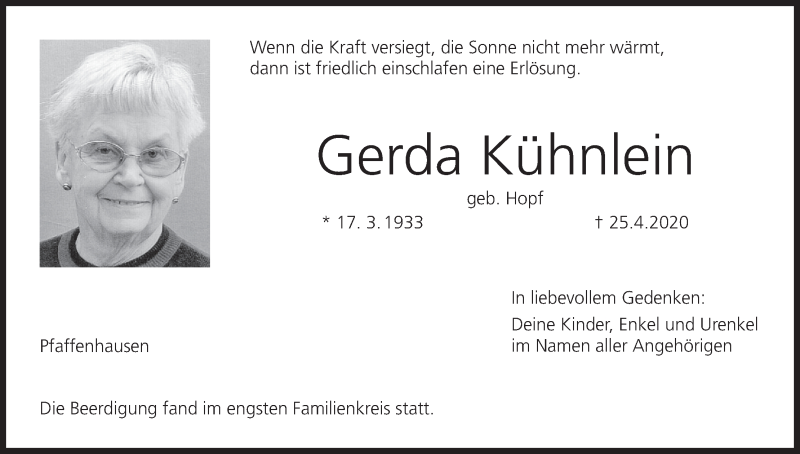  Traueranzeige für Gerda Kühnlein vom 01.05.2020 aus MGO