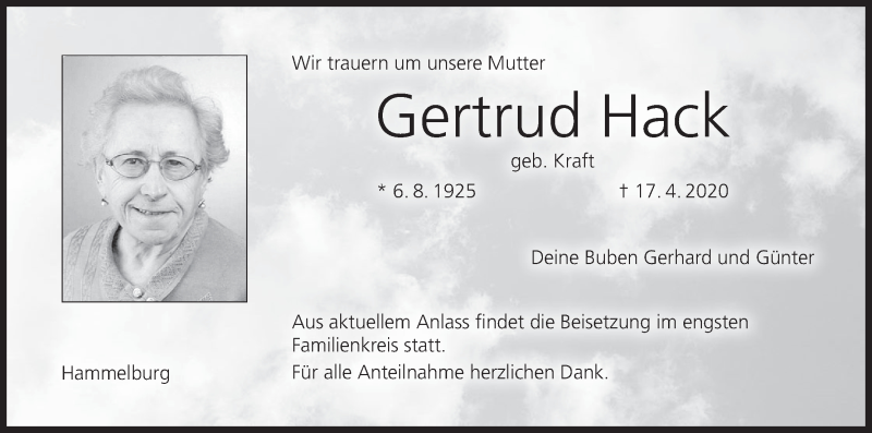  Traueranzeige für Gertrud Hack vom 09.05.2020 aus MGO