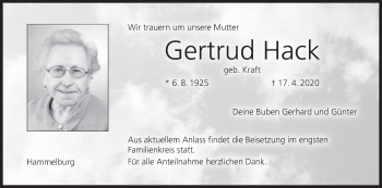 Anzeige von Gertrud Hack von MGO