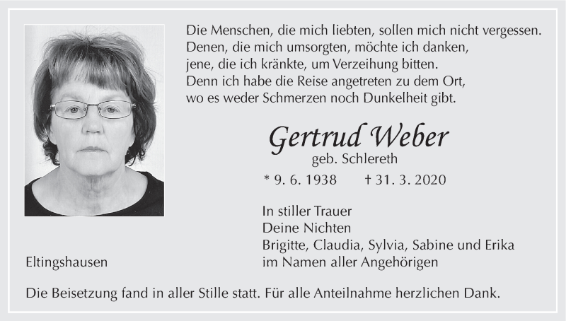  Traueranzeige für Gertrud Weber vom 01.05.2020 aus MGO