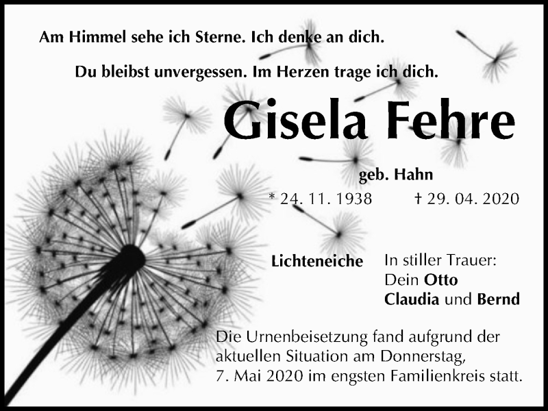  Traueranzeige für Gisela Fehre vom 09.05.2020 aus MGO