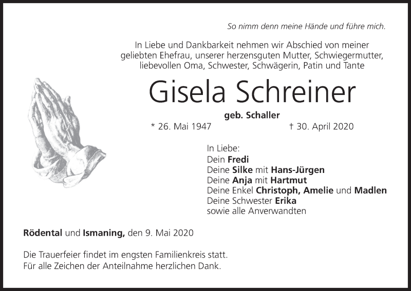  Traueranzeige für Gisela Schreiner vom 09.05.2020 aus MGO